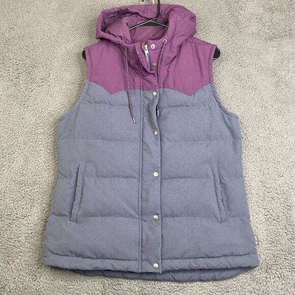 Patagonia Vest Womens Large Purple Gray Hooded Down Insulated Puffer SBDP 27746 - Picture 1 of 13